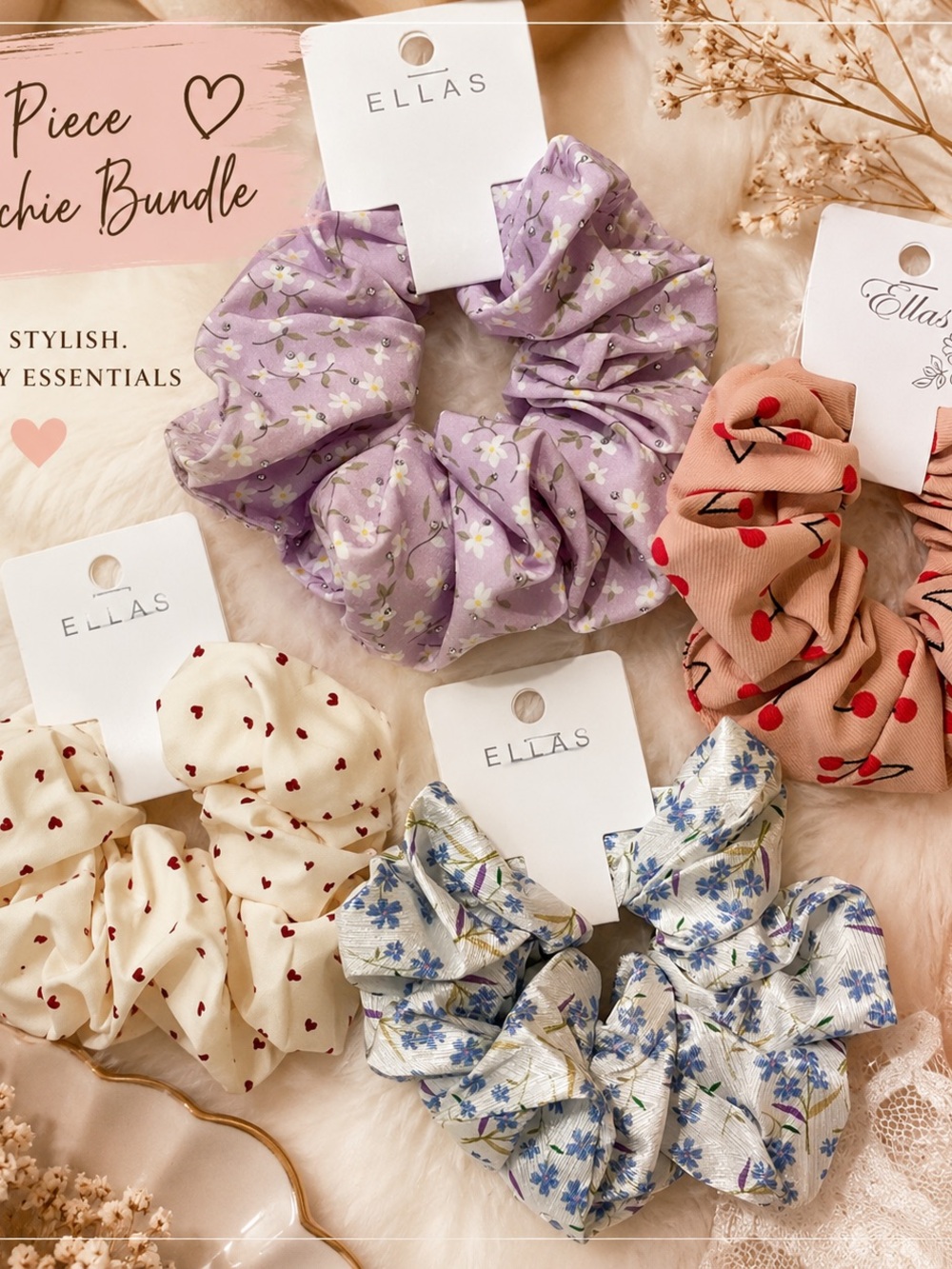 Ella Pastel Floral & Cherry Kids Scrunchie Set - Lavender, Cream, Peach, Blue